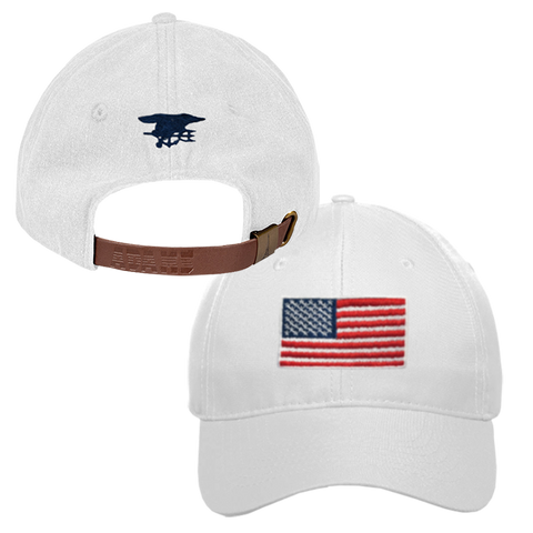 Ladies White Cap with Big American Flag and Trident