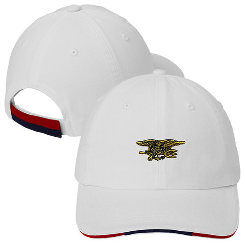 White Sandwich Bill Cap with Gold Trident